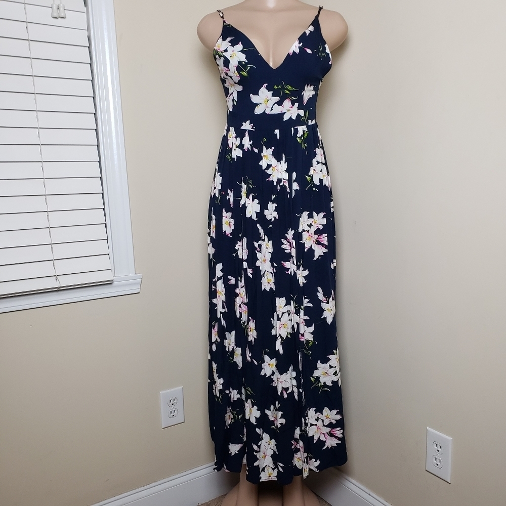 BANJAL Navy Floral Double Front Split Maxi Dress